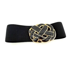 Vintage Day Lor Black Enamel Elastic Belt Gold Tone Woven Buckle Statement Women